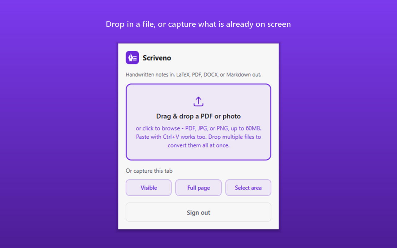 The popup's drop area for a PDF or photo, with Visible, Full page and Select area capture buttons