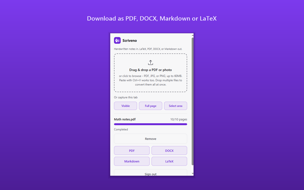 A completed conversion with PDF, DOCX, Markdown and LaTeX download buttons