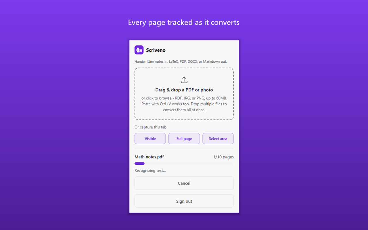 A 10-page PDF converting in the popup, with a progress bar at page 1 of 10
